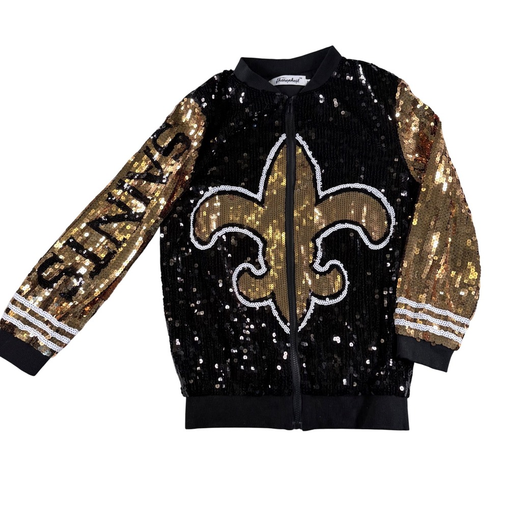 Fharenheit Sequin Bomber Jacket Who Dat Saints Women Medium Black Gold